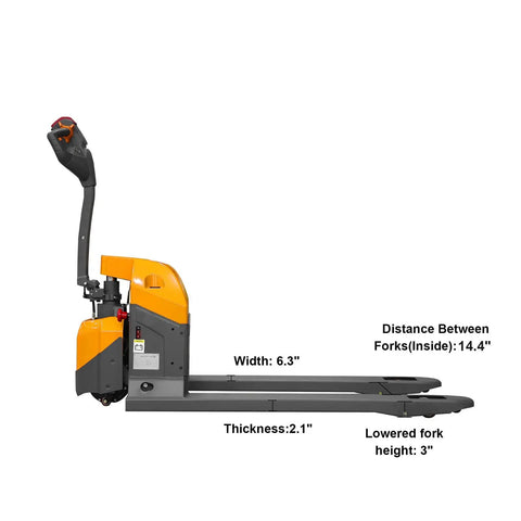 Heavy Duty Apollo Electric Pallet Jack 4400 Lb Capacity Extended Runtime side view with ergonomic handle and marked specifications.