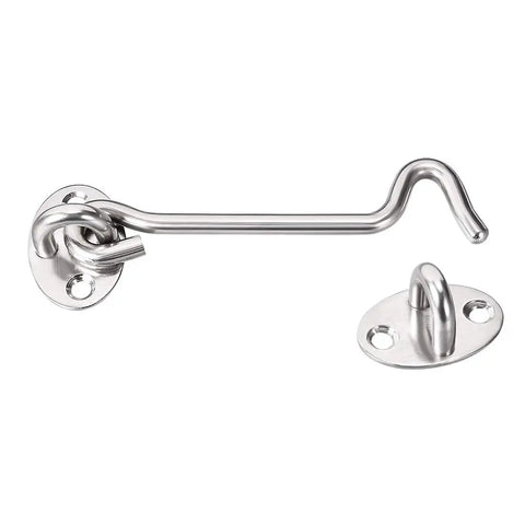 Heavy Duty Tough As Nails Stainless Steel Gate Hook Latch And Window Catch For Cabin Swing Doors Featuring Brushed Finish, close-up view.