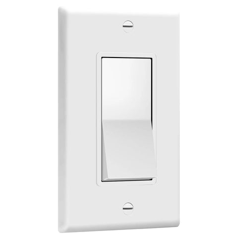 Decorator Paddle Light Switch With Wall Plates Single Pole 3 Wire Grounding Screw Residential Grade 15A 120V 277V UL Listed White
