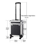 Front view of Tool Organizer And Storage Aluminum Alloy Toolbox Rolling Case with measurements and telescopic handle extended.
