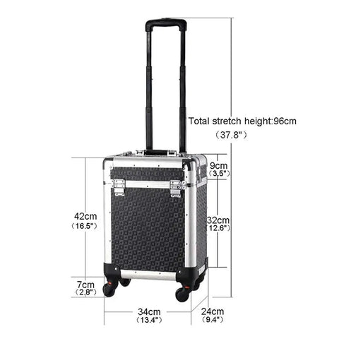 Front view of Tool Organizer And Storage Aluminum Alloy Toolbox Rolling Case with measurements and telescopic handle extended.