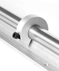 Close-up of 4 Pack Aluminum Shaft Collars With Clamp-On Design, securing a shaft on SBR16 rail, with M5 set screw visible.