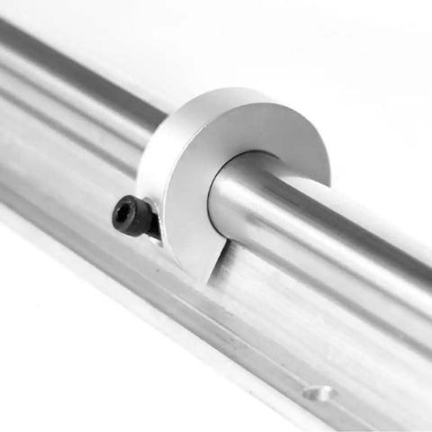 Close-up of 4 Pack Aluminum Shaft Collars With Clamp-On Design, securing a shaft on SBR16 rail, with M5 set screw visible.