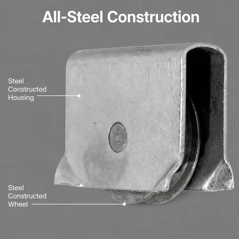Heavy Steel Showcase Sliding Window Roller Assembly And 2 Pack Of 9/16 Inch Diameter Glass Display Case Wheels close-up of steel roller housing and wheel.