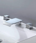 Waterfall Spout Bathroom Sink Faucet In Polished Chrome For Three Hole Widespread Setup With Double Square Handles Solid Brass