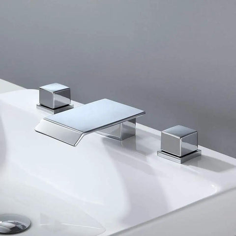 Waterfall Spout Bathroom Sink Faucet In Polished Chrome For Three Hole Widespread Setup With Double Square Handles Solid Brass