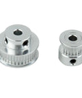 Premium Timing Pulley Kit With 20T And 36T Aluminum Synchronous Wheels 5mm Bore, Includes 200Mm Belt For Smooth 3D Printer And CNC Motion Control Setup. Two aluminum timing pulleys with 5mm bore on white background.