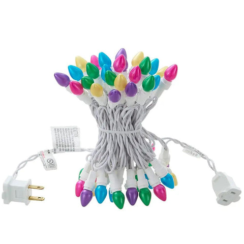 Easter LED String Lights 50 Count Glass C3 Bulbs Multi Color Pastel 120V End To End Connectable UL ETL Certified IP44 Outdoor White Wire