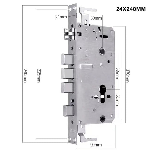 Hassle Free Top Shelf Smart Door Lock With Pretty Slick Fingerprint Scanner App Control Password Entry And Beefy Auto Deadbolt For Secure Modern Homes Easy Install dimensions showing metal lock mechanism features.
