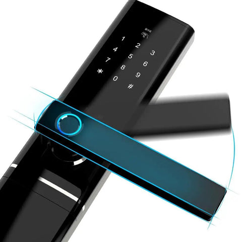 No Fuss Smart Door Lock With Silent Handle And Touch Screen Fingerprint Keyless Entry For Heavy Duty Home Security Auto Locking Deadbolt Plus Long Lasting Battery Pack with touchscreen and handle detail.