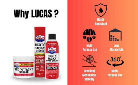 Red N Tacky Red Grease Heavy Duty Multi Purpose Lubricant For High Temperature Bearings And Industrial Machinery Built To Take The Heat And Tough As Nails Under Extreme Pressure In A 2 Pack, shown in product containers.