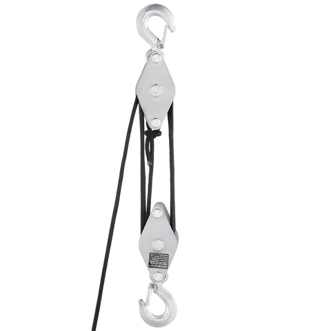 4400 Lbs Breaking Strength Rope Pulley Hoist With 100 Ft Rope 5 To 1 Lifting Power Beefy Heavy Duty Pulley System With Two Soft Loops Metal Wheels Bearing Structure Block And Tackle For Lifting Heavy Objects. silver steel block and tackle pulley with black rope and hooks