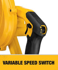 Close-up of variable speed switch on 20V Max Cordless Leaf Blower with 100 CFM airflow, includes 3 nozzle attachments, bare tool only DCE100B.