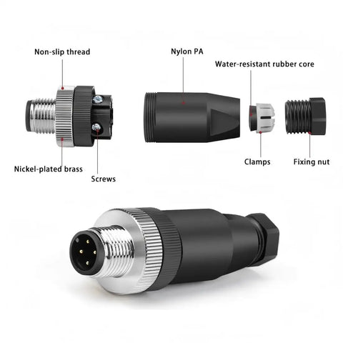 M12 4 Pin A Code Straight Circular Sensor Aviation Connector Kit Waterproof IP67 components and assembly view