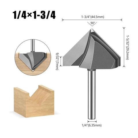Solid 6mm And 1/4 Inch Shank V-Cutter Router Bit For Wood Trimming Wall Flanging With Razor Sharp Edges To Crush Hard Work In Your Shop, 90-degree angle profile.