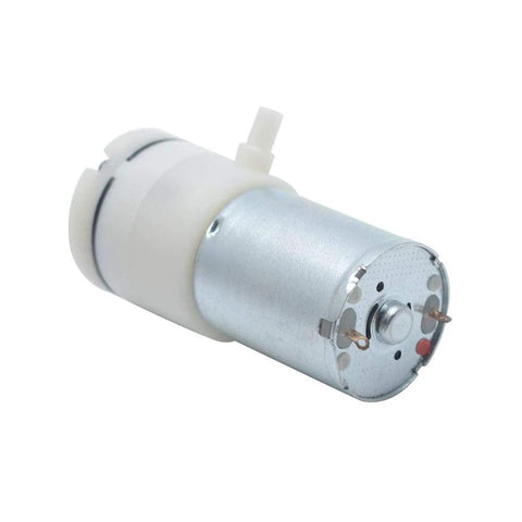 Small But Mighty 6V DC Mini Air Pump for Aquariums and Treatment Tools, Electric Vacuum Pump With Inlet and Outlet, High Air Flow 1.5 to 3.2 L Per Minute, Durable Aluminum and Plastic Construction showing side view.