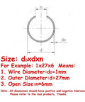 Diagram of Ten Piece 0.7mm 304 Stainless Steel Round Snap Rings sizes and measurements for DIY projects.