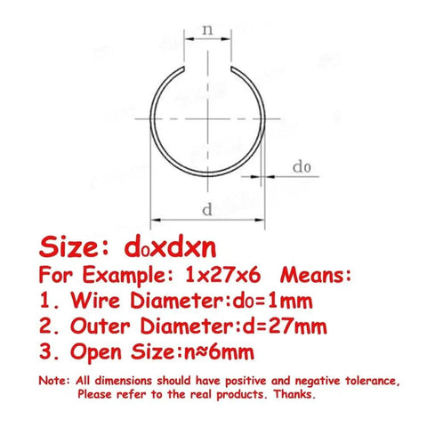 Diagram of Ten Piece 0.7mm 304 Stainless Steel Round Snap Rings sizes and measurements for DIY projects.