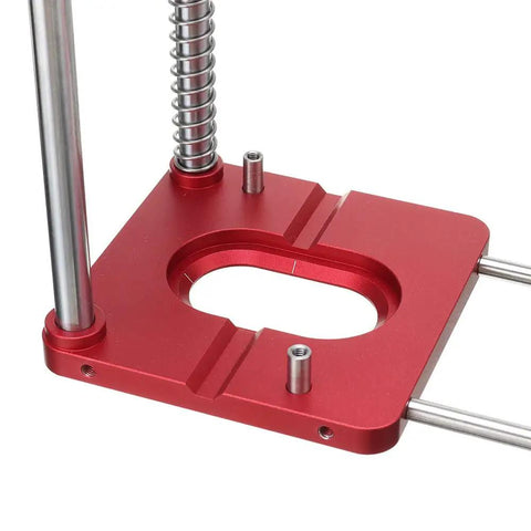 Portable Drill Guide And Alignment Tool For Woodworking base showing precise table hole, pro grade aluminum build, compact design