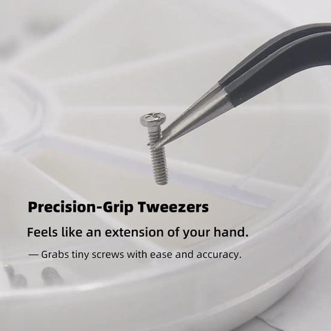 Close-up of tweezers holding a screw from All In One Eyeglass Repair Kit With Anti Slip Nose Pad Replacement And Glasses Screws