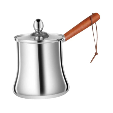 Stainless Steel Turkish Coffee Pot And Melt Pan For Butter Sauces And Frothing Milk 720ml with wooden handle and lid.
