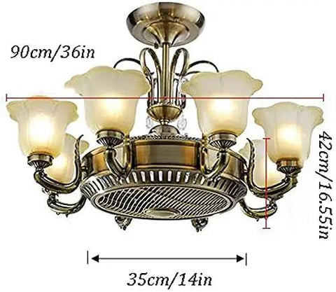 Eight Head Glass Ceiling Fan With Built-In Light And Wireless Remote Featuring Top Shelf Retro Design Kickin Fresh Air Quiet Motor Sturdy ABS Blades Real Deal For Chill Living Spaces, 36 inch span with decorative glass shades.