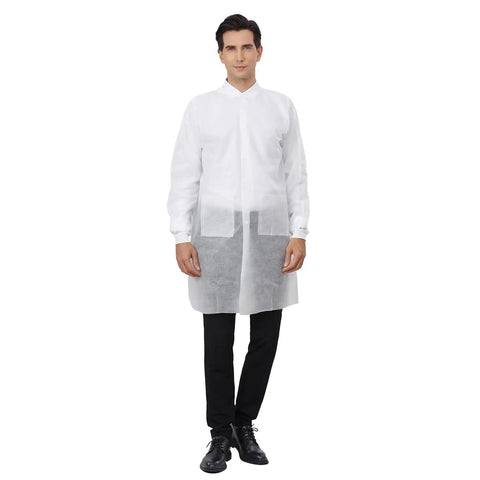 Disposable Lab Coats For Adults With Pockets White Lab Jackets With Knitted Cuffs And Collar Pack Of 10 Large