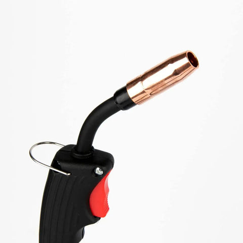 Close-up of MIG Welding Gun 100A 8 Ft Replacement Torch for Chicago Electric with gas valve in handle, copper tip visible.