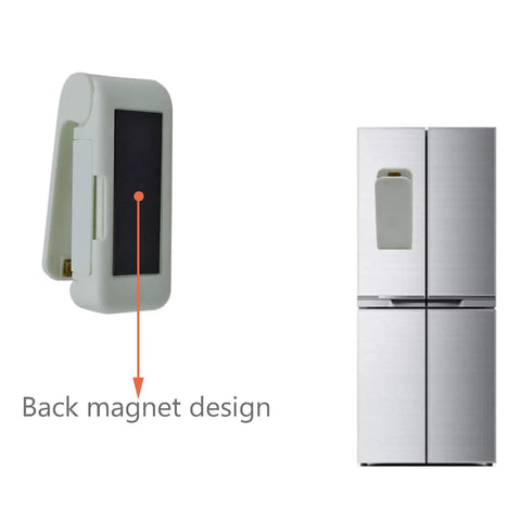 2 Pack Mini Portable Handheld Heat Vacuum Sealer For Plastic Bags And Snack Bags Easy Seal Bag Resealer with back magnet attached to fridge