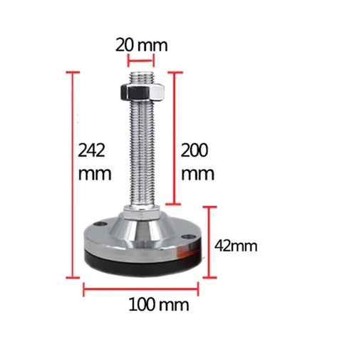 Four Pack M20 Threaded Adjustable Leveling Feet For Heavy Duty Shop Gear And Benches Carbon Steel Base showing dimensions of 200 mm height.