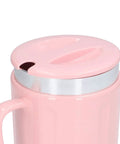 Top view of a pink electric coffee mug warmer and ice cold chiller with aluminum band, perfect for daily beverages.