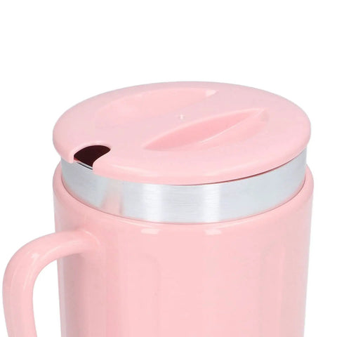Top view of a pink electric coffee mug warmer and ice cold chiller with aluminum band, perfect for daily beverages.