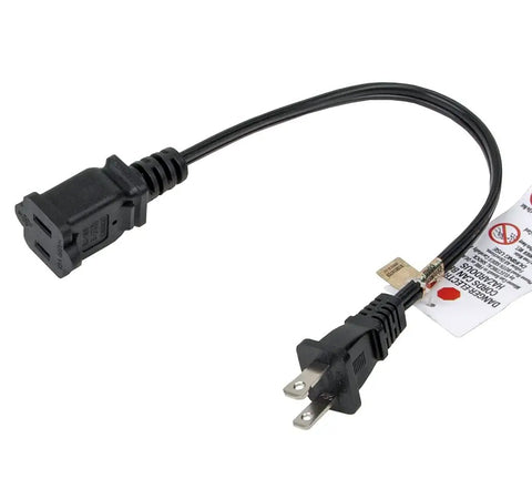 Short Polarized US Two Prong Extension Cord With Dual Outlets, 10A 125V Nema 1 15P To 1 15R, UL Listed, shown with tags and plugs