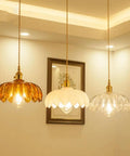 Flower Glass Pendant Light, Ceiling Colorful Lamp, Modern Farmhouse Fixture, three lights in amber, white, and clear glass.