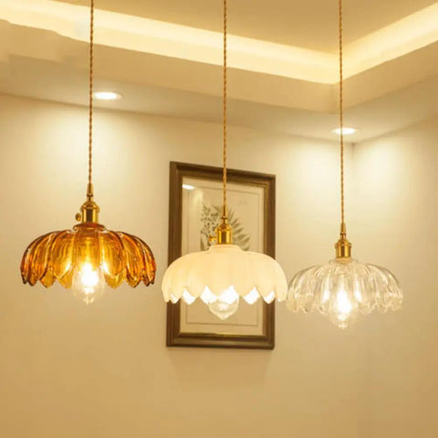 Flower Glass Pendant Light, Ceiling Colorful Lamp, Modern Farmhouse Fixture, three lights in amber, white, and clear glass.