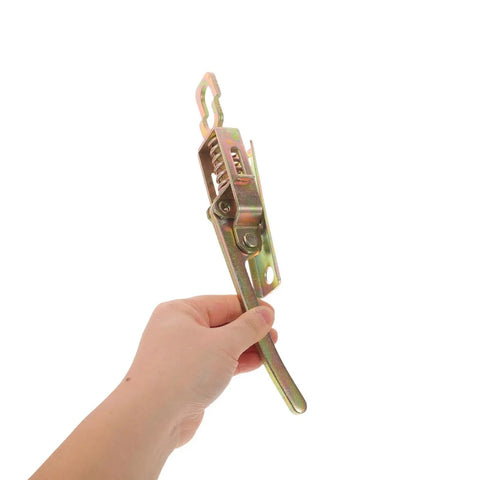 Heavy Duty 2 Piece Spring Loaded Trailer Latch Set With Galvanized Build For Cargo And Dump Trucks held in hand.