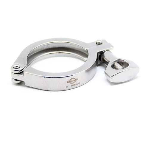 QiiMii 2-inch stainless steel sanitary clamp with single pin, front view, Tri-Clamp, SS304
