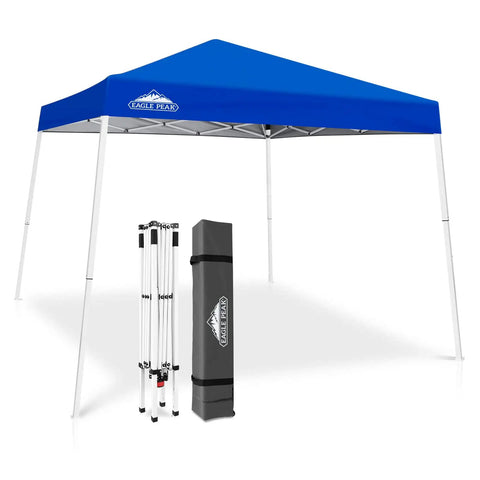 Blue 10x10 Pop Up Canopy Tent With Easy One Person Setup Center Lock System for outdoor shade, foldable frame and bag