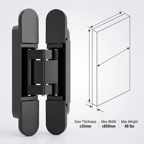 Sleek Hidden 6 Inch Adjustable Door Hinges 4 Pack Zinc Alloy With 180 Degree Swing For Doors Up To 850mm Wide And 88 lb Capacity 0 To 35mm Thickness Matte Black Finish Full 3D Alignment For Ultra Clean Modern Interiors showing hinge design and specifications.