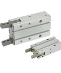 Pneumatic finger cylinder actuator, aluminum body, two units with mounting holes for industrial use.