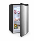 Freestanding Upright Freezer Keeps Your Frozen Goods Chilled With 3.1 Cubic Foot Capacity showing open door with food items inside.
