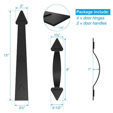 Level Up Your Garage With These Badass Magnetic Door Hardware Sets Featuring Four Classic Faux Hinges And Two Sleek Handles Heavy Duty Magnets Grip Steel Like Glue Weather Ready Zero Assembly Required, showing dimensions and package details.