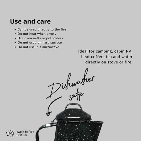 3 Qt Coffee Boiler In Speckled Black For Quick Brews with dishwasher safe feature and use guidelines highlighted