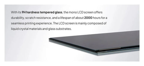 Next Level Replaceable Premium Screen For 3D Printers with 9H tempered glass and liquid crystal materials shown at an angle.
