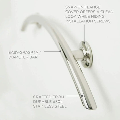 30 Inch Crescent Curved Shower Grab Bar Built Tough In Polished 304 Stainless Steel One Piece Welded Cap 250 Pound Weight Capacity Includes Mounting Screws For Easy Install, showing easy-grasp diameter and snap-on flange cover.