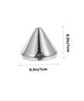 Front view of silver plastic cone spike stud for jackets; 0.3in tall, circular base.