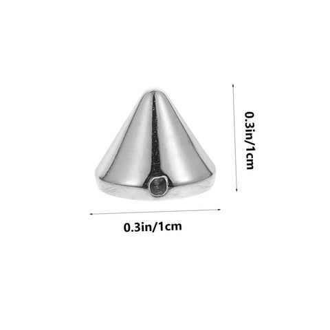 Front view of silver plastic cone spike stud for jackets; 0.3in tall, circular base.