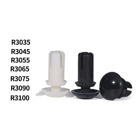 50 Piece Black Nylon Rivet Kit Heavy Duty Push Pins Made Tough As Nails For Quick Grab And Secure Install Smooth Operation With No Sweat Removal Perfect For Any Home Project Around The Shop showing three push pins in black and white.