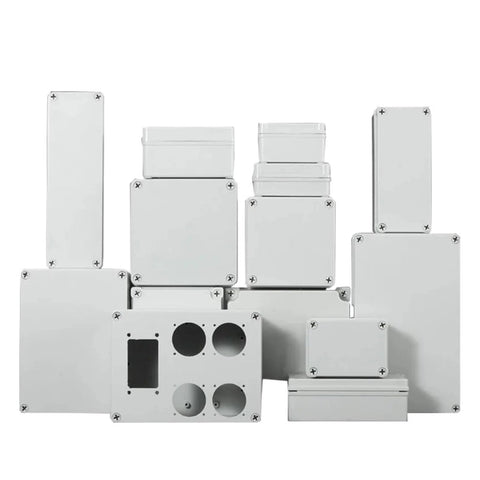 Set of multiple white ABS plastic outdoor waterproof junction boxes for electrical enclosures
