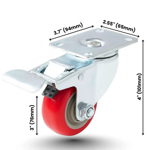 Tough As Nails Three Inch Swivel Caster Wheels With Brake Four Pack Red Polyurethane Rollers three inch wheel with plate mount.